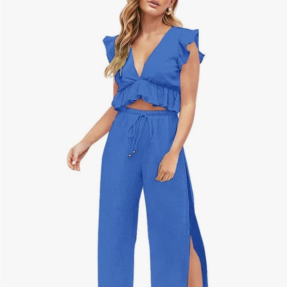 FANCYINN 2 Pieces Deep V Neck Crop Top Side Slit Drawstring Wide Leg Jumpsuit